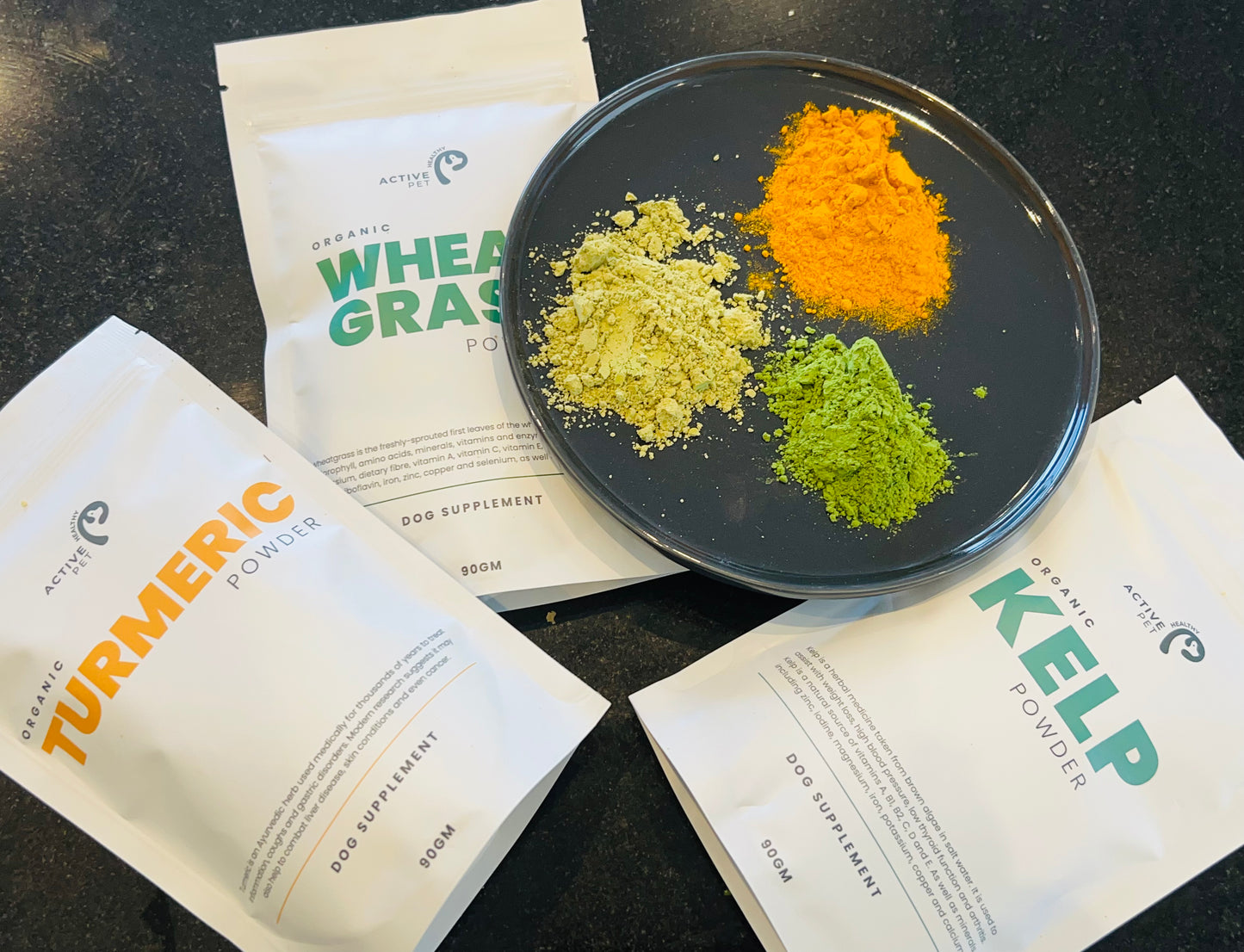 Pack of 3 Essential Powders - Wheatgrass, Kelp & Tumeric