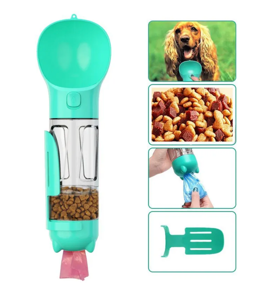 Pet multi-functional portable water, food and poopbag bottle